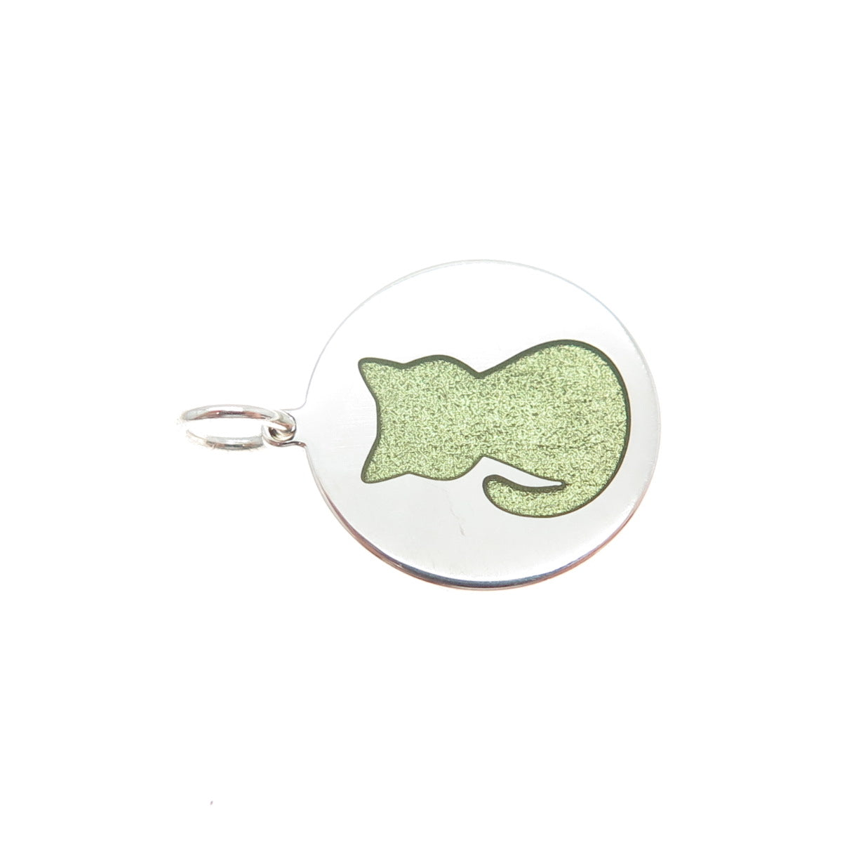 925 Sterling Silver Green Enamel Cat Round Tag Minimalist Charm Pendant