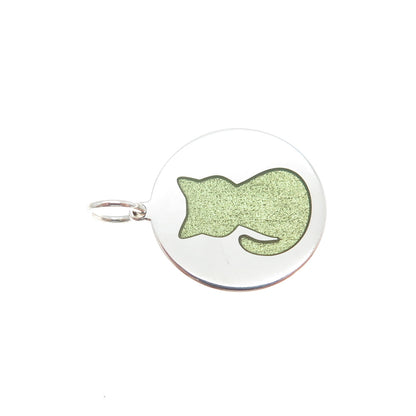 925 Sterling Silver Green Enamel Cat Round Tag Minimalist Charm Pendant