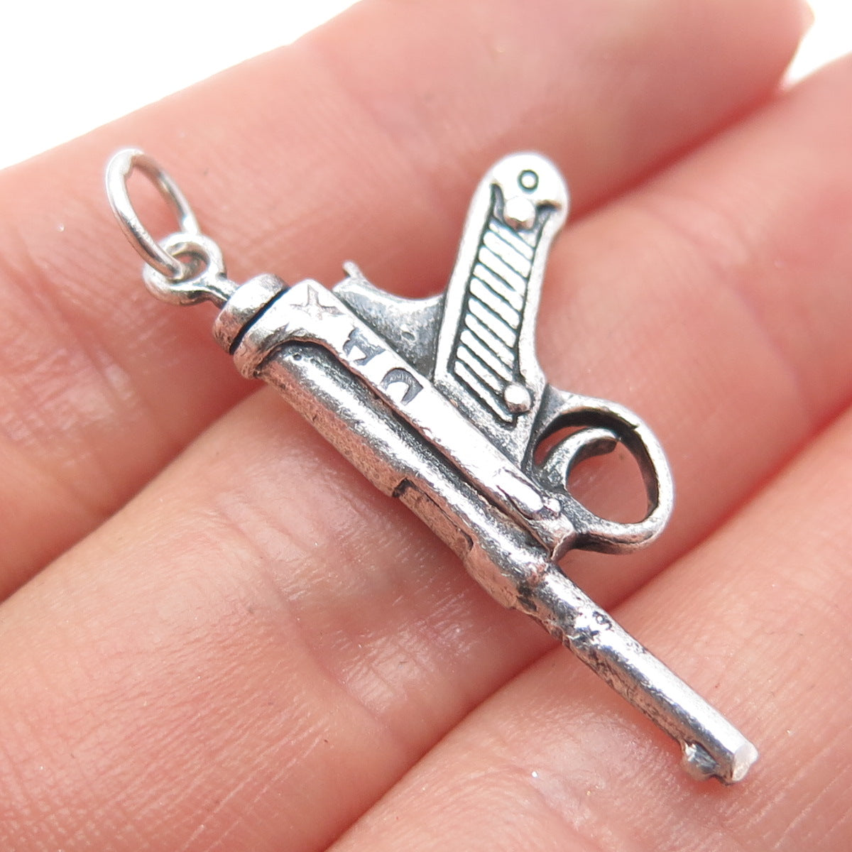 925 Sterling Silver Vintage Luger Pistol Oxidized Charm Pendant