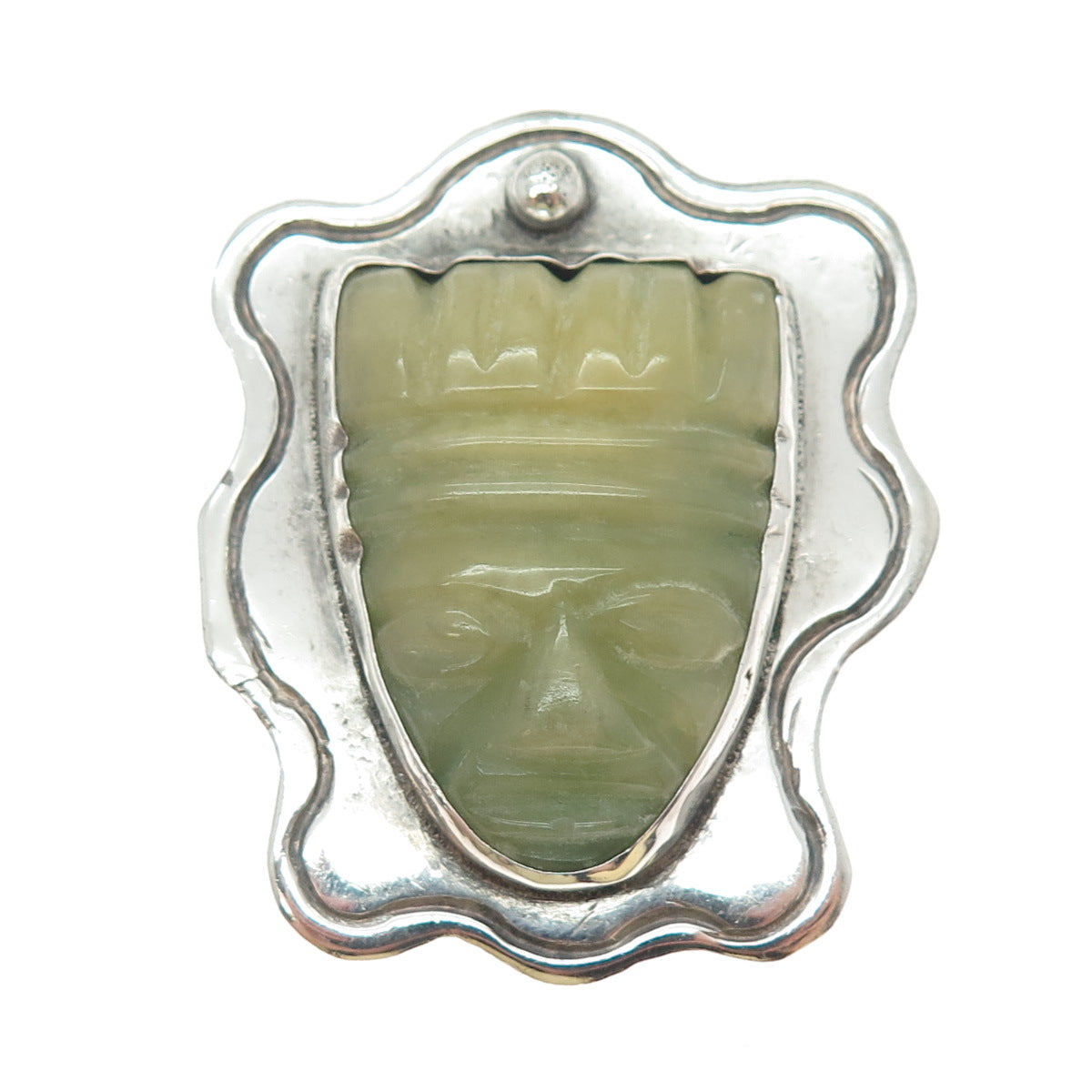 ELNA 925 Sterling Silver Vintage Mexico Real Jade Carved Mayan God Pin Brooch