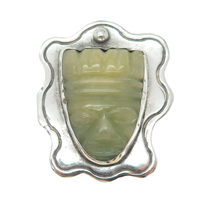 ELNA 925 Sterling Silver Vintage Mexico Real Jade Carved Mayan God Pin Brooch