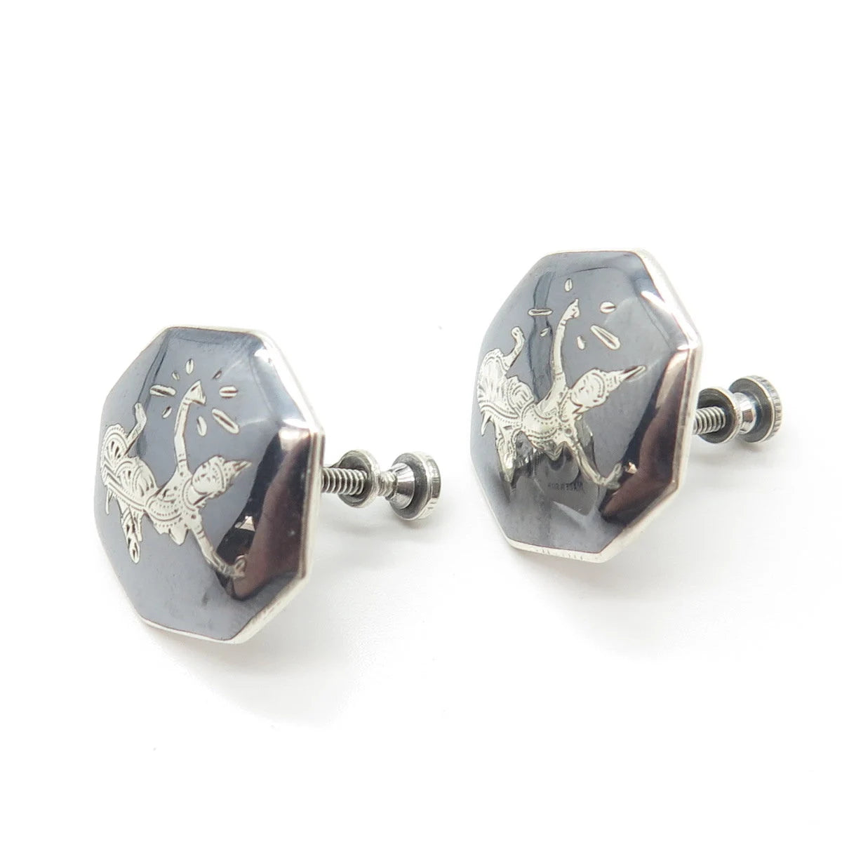 925 Sterling Silver Vintage Siam Niello Hindu Goddess Screw Back Earrings