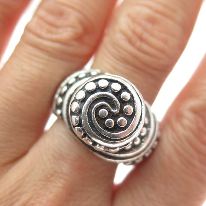 925 Sterling Silver Vintage Mexico Modernist Dotted Spiral Oxidized Ring Size 6