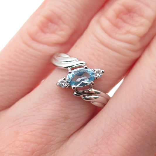 925 Sterling Silver Real Blue Topaz & C Z Bypass Ring Size 6
