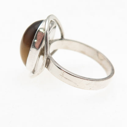 925 Sterling Silver Vintage Israel Real Tiger Eye Modernist Oxidized Ring Size 6