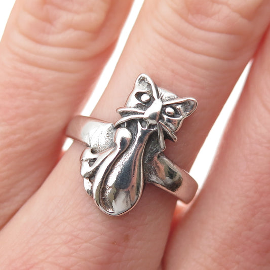 925 Sterling Silver Vintage Cat Cartoon Style Oxidized Ring Size 7.75