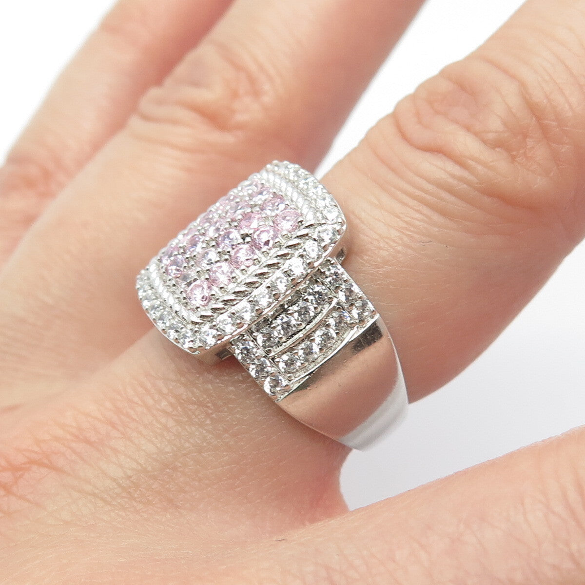 925 Sterling Silver Blue White & Pink C Z Rectangle Ring Size 7