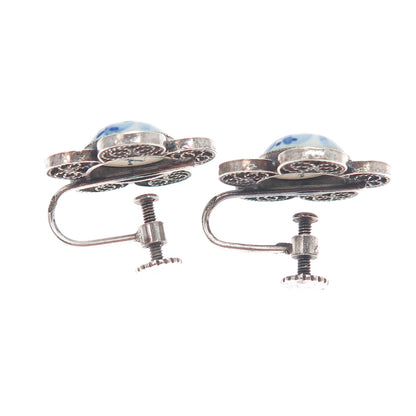 DELFT 835 Silver Vintage Netherlands Ceramic Old Windmill Screw Back Earrings