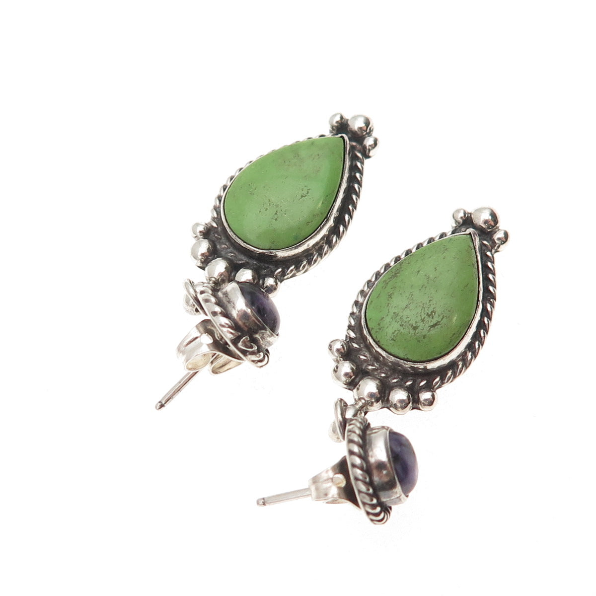 R.J. Apacheto Navajo Old Pawn 925 Sterling Vintage Turquoise & Amethyst Earrings