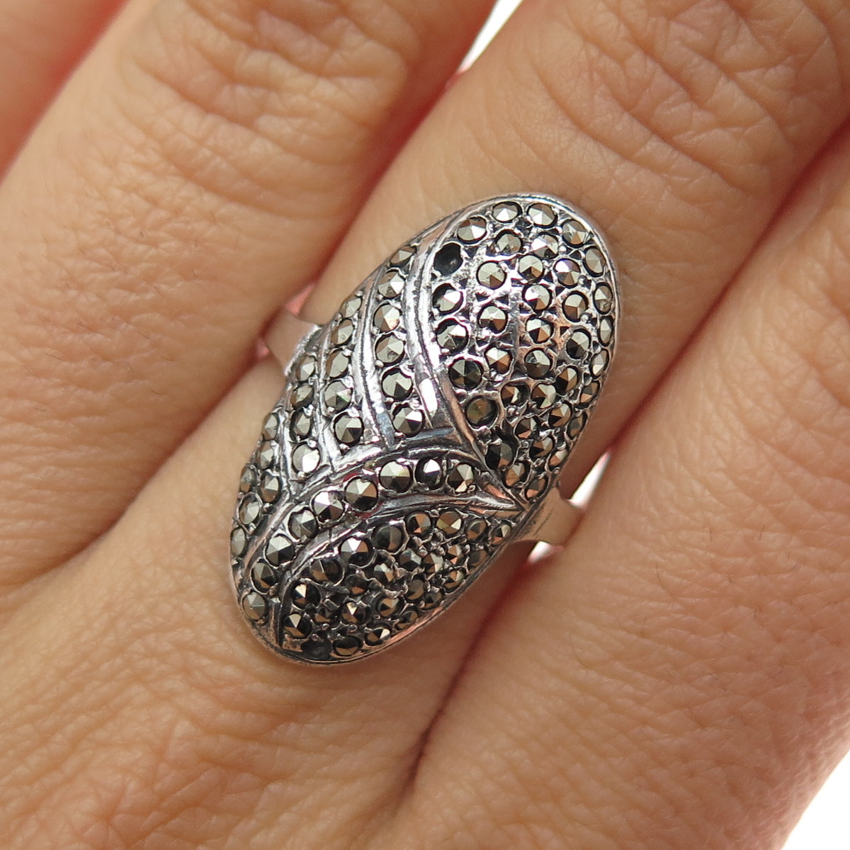 925 Sterling Silver Antique Art Deco Marcasite Ring Size 7 (missing 1 stone)