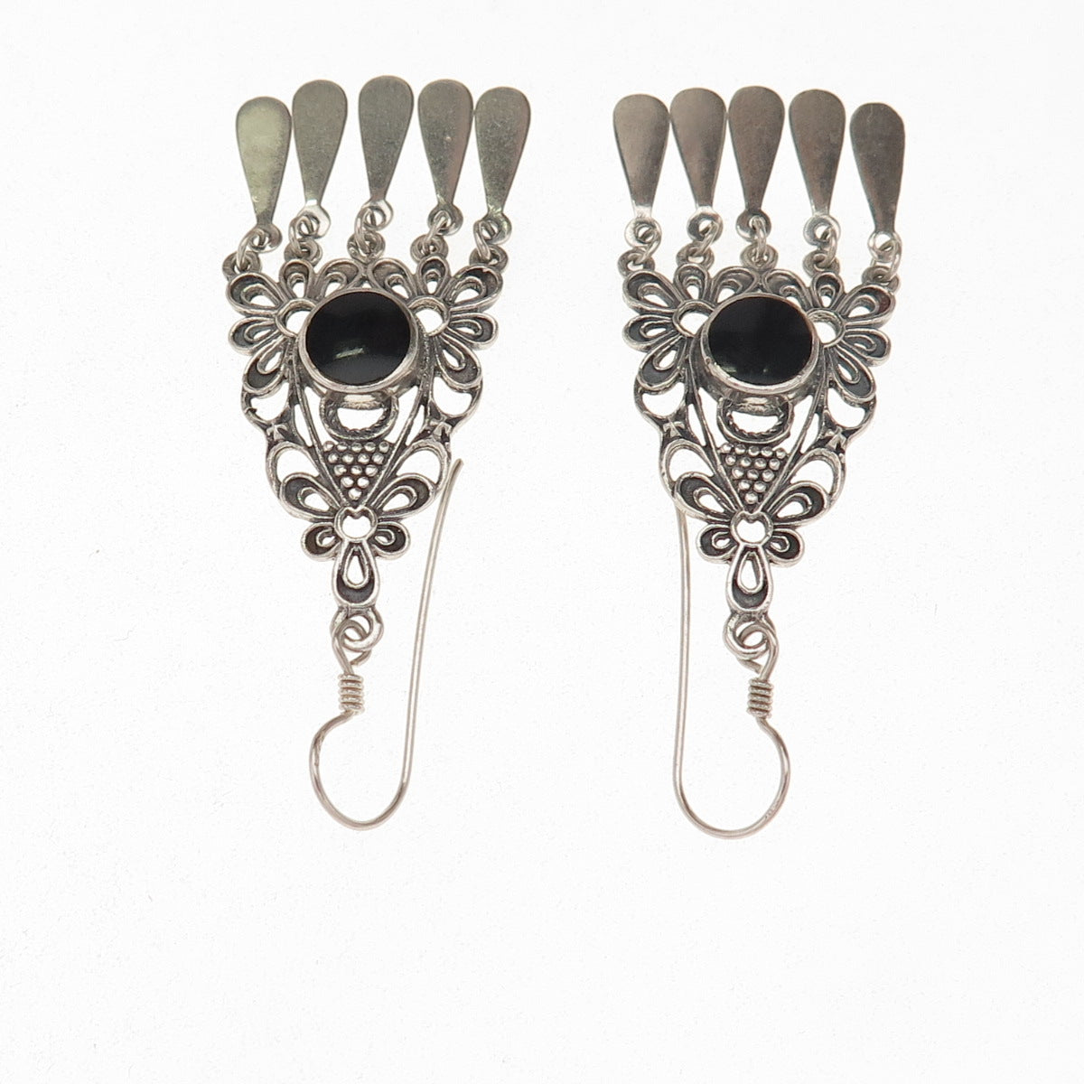 925 Sterling Silver Vintage Real Black Onyx Floral Oxidized Dangle Earrings