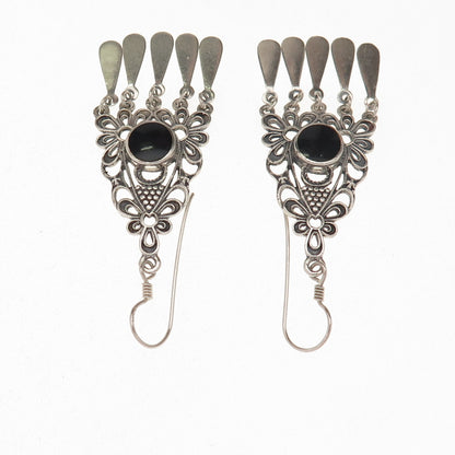 925 Sterling Silver Vintage Real Black Onyx Floral Oxidized Dangle Earrings