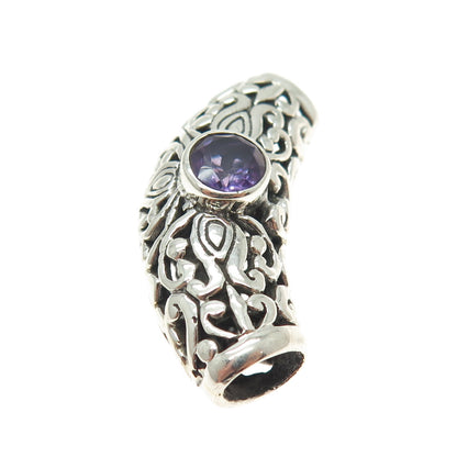 925 Sterling Silver Vintage Real Round-Cut Amethyst Floral Scroll Slide Pendant