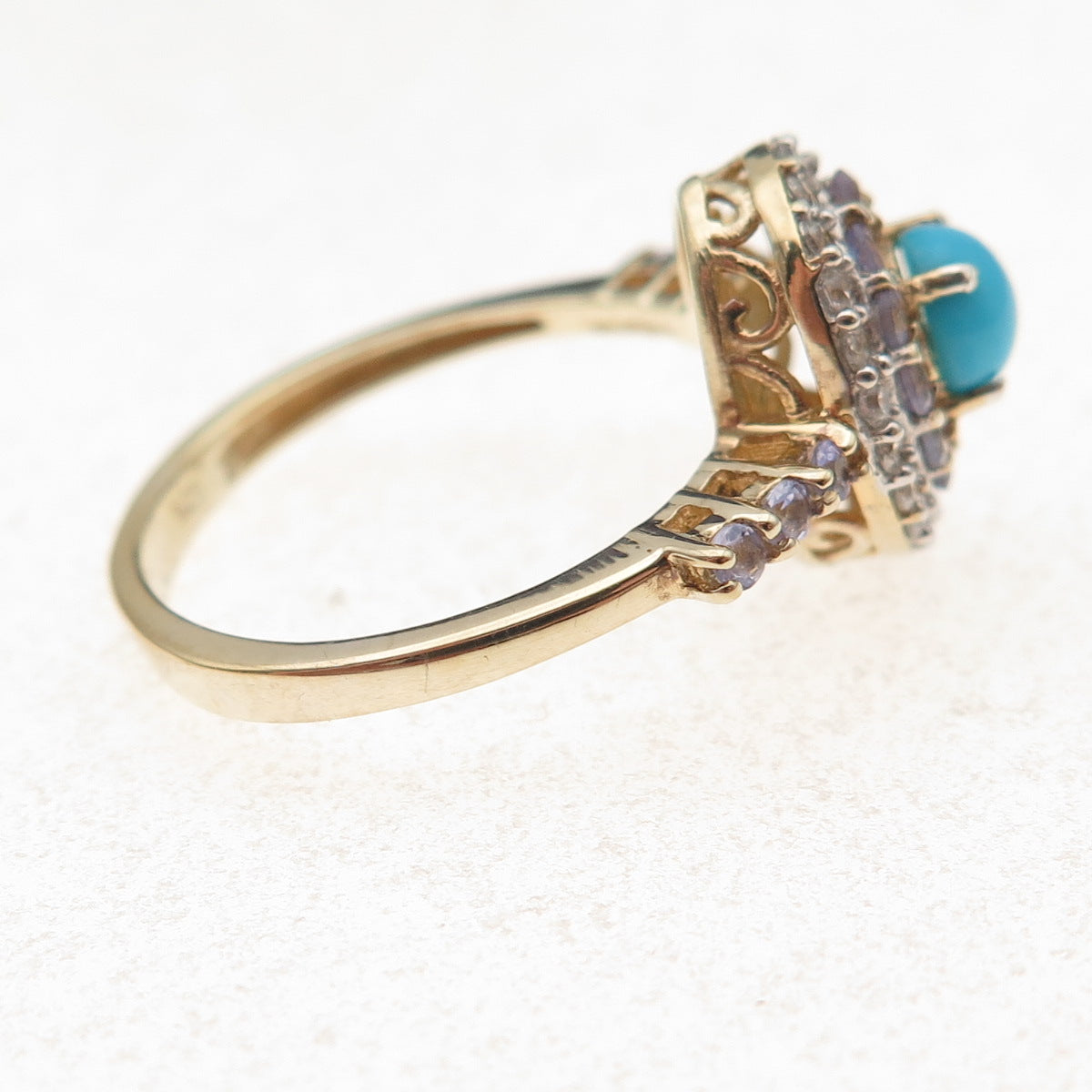 Chuck Clemency 925 Sterling Gold Plated Turquoise Tanzanite & Topaz Ring Size 8