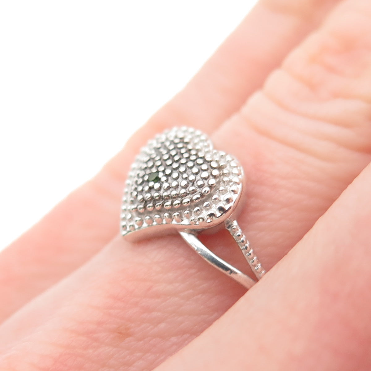 D'JOY 925 Sterling Silver Real Green Diamond Accent Heart Ring Size 5