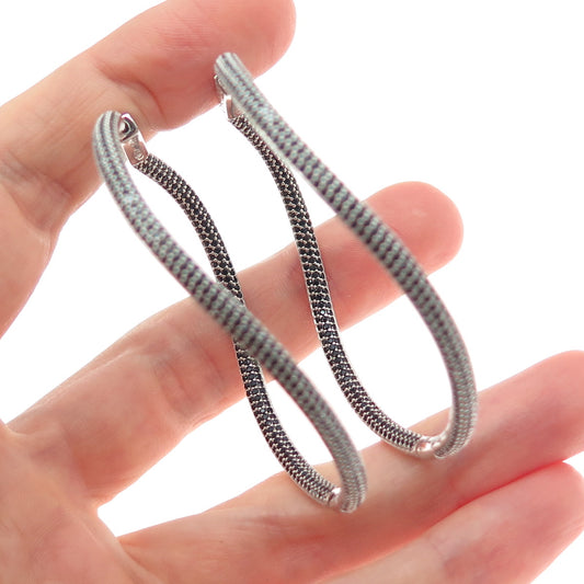 KLEO 925 Sterling Silver Real Black Spinel In & Out Wavy Large Hoop Earrings