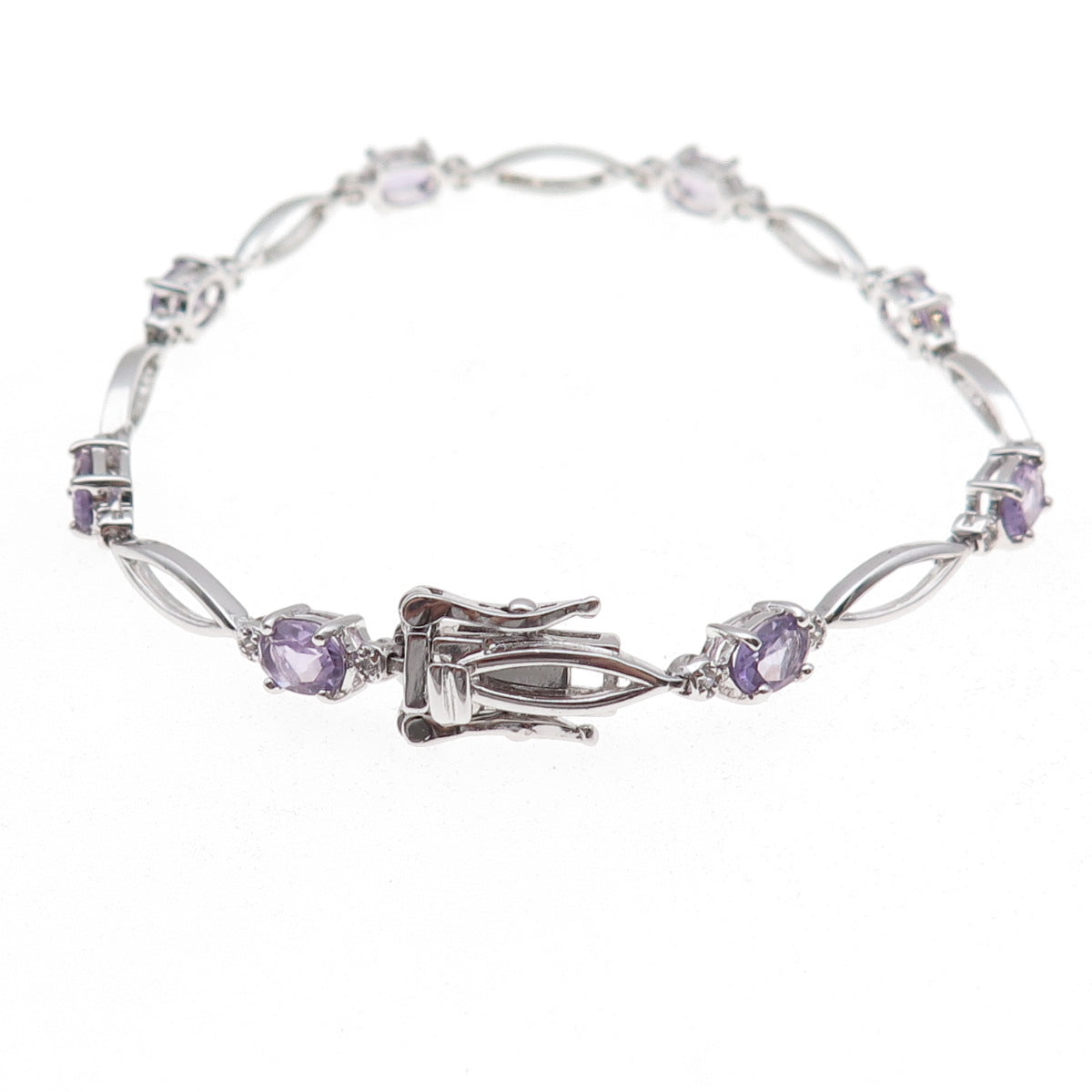 925 Sterling Silver Real Amethyst & C Z Bracelet 7.25"