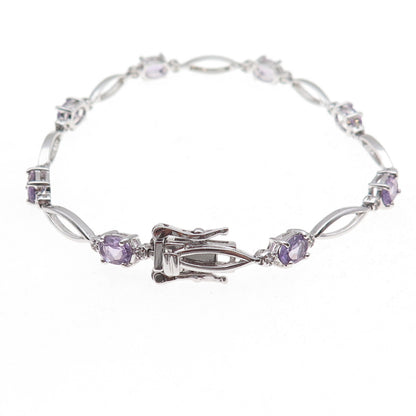925 Sterling Silver Real Amethyst & C Z Bracelet 7.25"