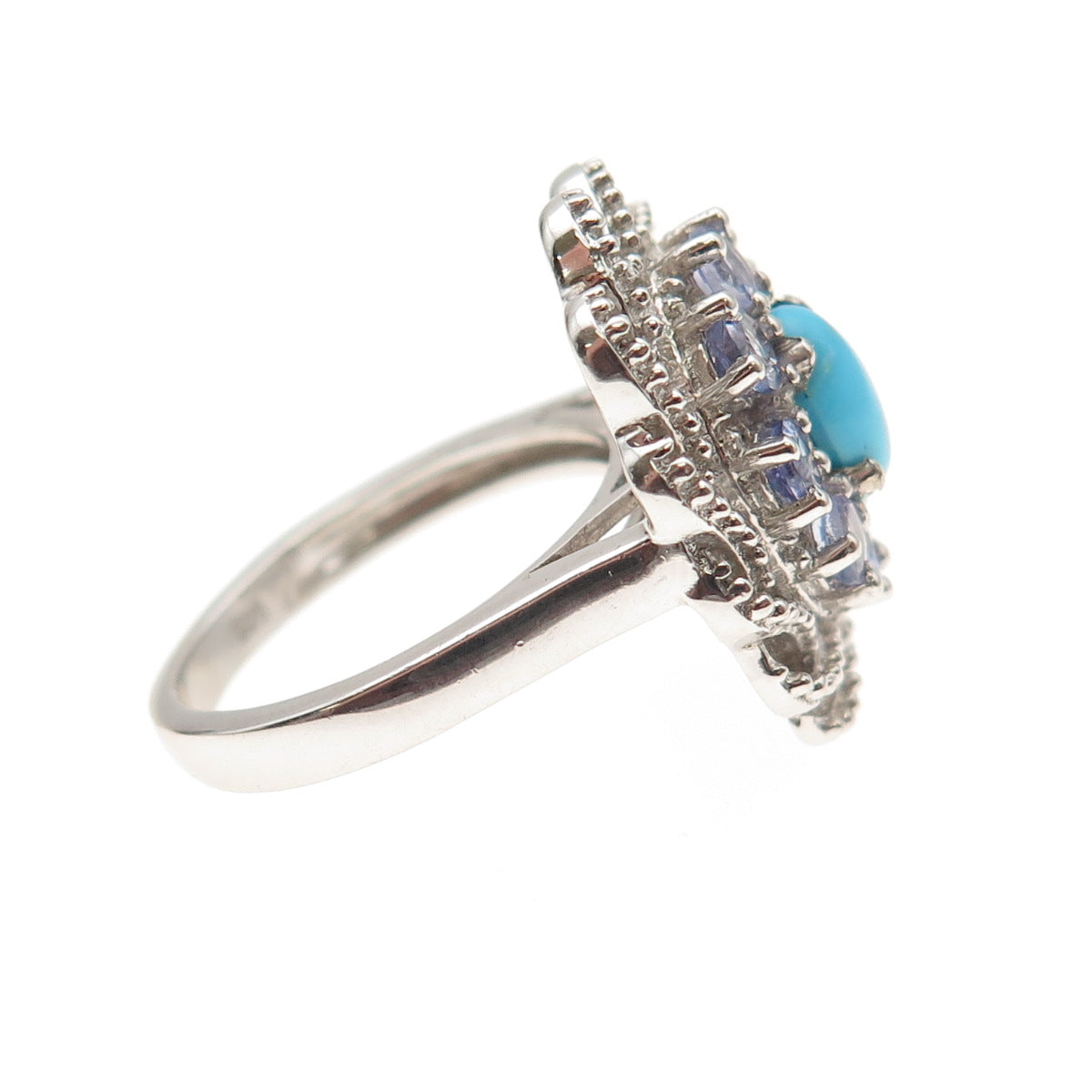 Chuck Clemency 925 Sterling Silver Real Turquoise & Tanzanite Floral Ring Size 6