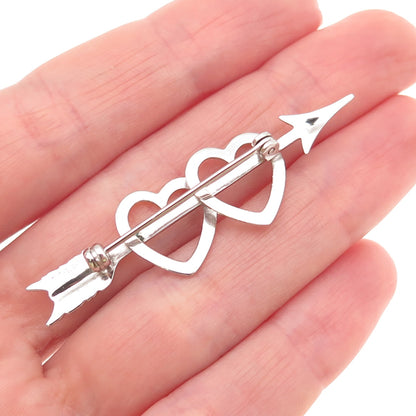 BEAU 925 Sterling Silver Antique Art Deco Couple Heart Arrow Pin Brooch