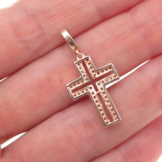 925 Sterling Silver Gold Plated Black Rhodium Cognac & White C Z Cross Pendant