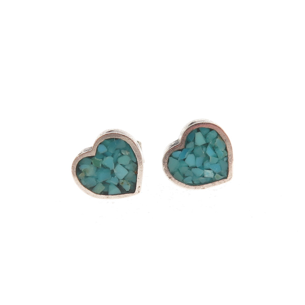 Old Pawn 925 Sterling Silver Vintage Turquoise Inlay Heart Tribal Stud Earrings