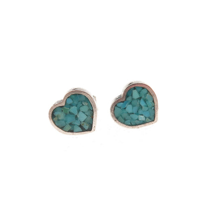 Old Pawn 925 Sterling Silver Vintage Turquoise Inlay Heart Tribal Stud Earrings