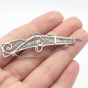 925 Sterling Silver Vintage Rifle Ornate Pin Brooch