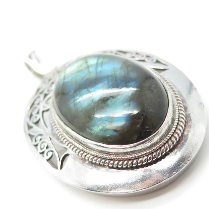 925 Sterling Silver Vintage Real Labradorite Gemstone Ornate Pendant
