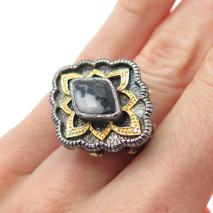 925 Sterling Silver 2-Tone Black Rhodium Vintage Diamond & Jasper Ring Size 5.25