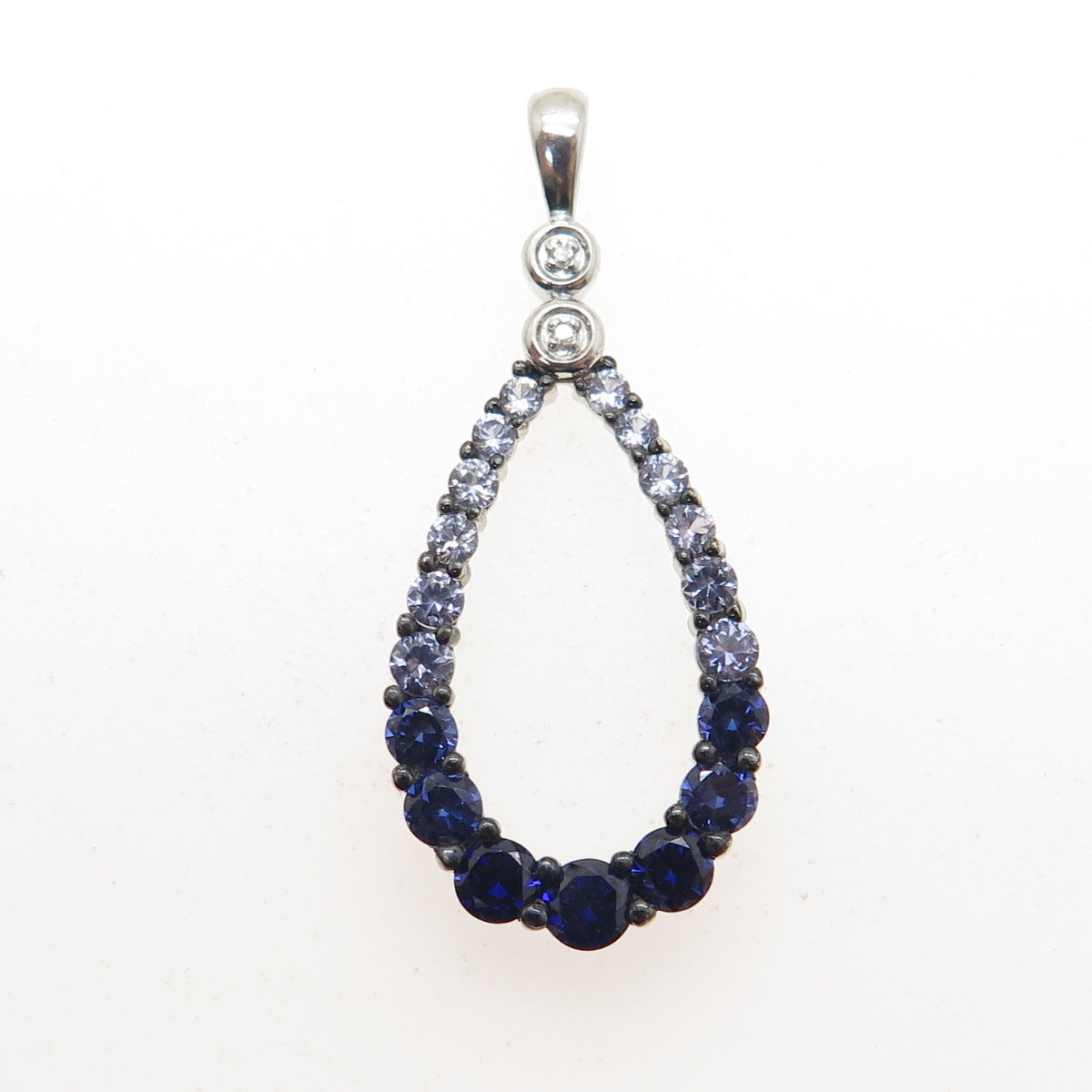 925 Sterling Silver Real Diamond Lab-Created Graduated Sapphire Teardrop Pendant