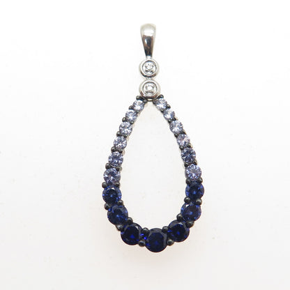 925 Sterling Silver Real Diamond Lab-Created Graduated Sapphire Teardrop Pendant