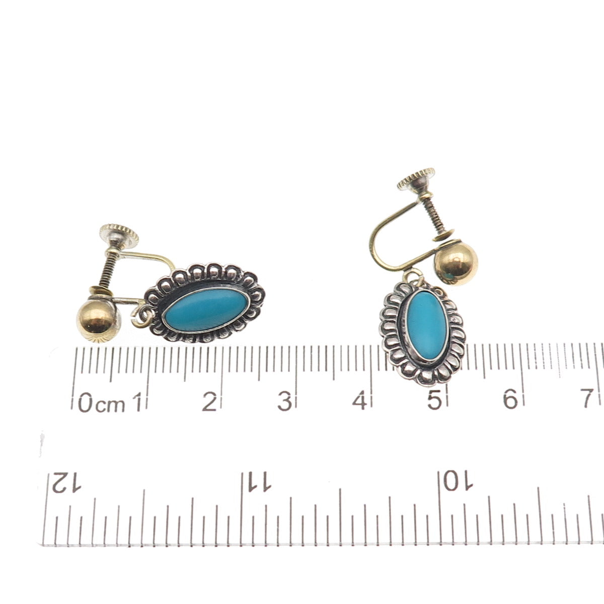 Old Pawn 925 Sterling 2-Tone Vintage Bisbee Turquoise Screw Back Dangle Earrings