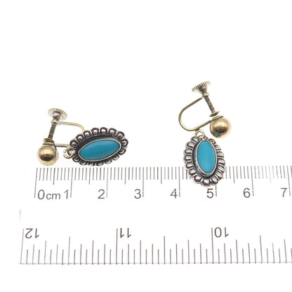 Old Pawn 925 Sterling 2-Tone Vintage Bisbee Turquoise Screw Back Dangle Earrings