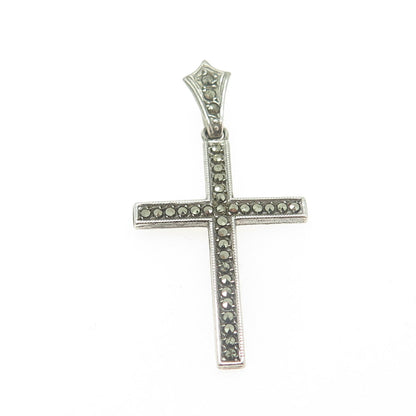 925 Sterling Silver Antique Art Deco Real Marcasite Gemstone Cross Pendant