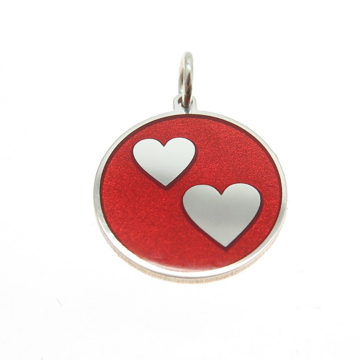 925 Sterling Silver Red Enamel Couple Heart Round Tag Minimalist Charm Pendant