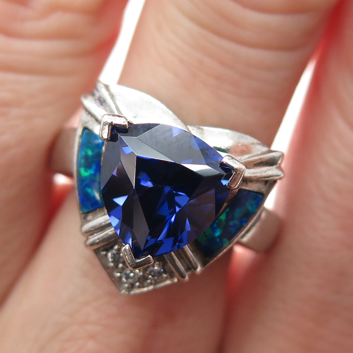 925 Sterling Silver Real Opal Blue & White C Z Heart Ring Size 7.25