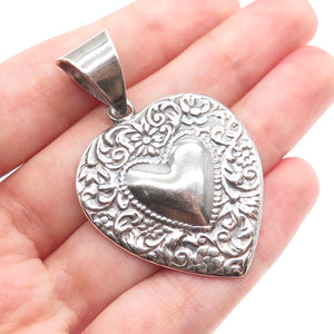 925 Sterling Silver Vintage Mexico Repousse Heart Oxidized Pendant