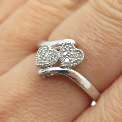 925 Sterling Silver Real Round-Cut Diamond Double Heart Bypass Ring Size 7