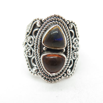 925 Sterling Silver Vintage Real Amber Granulated Roped Oxidized Ring Size 5.75