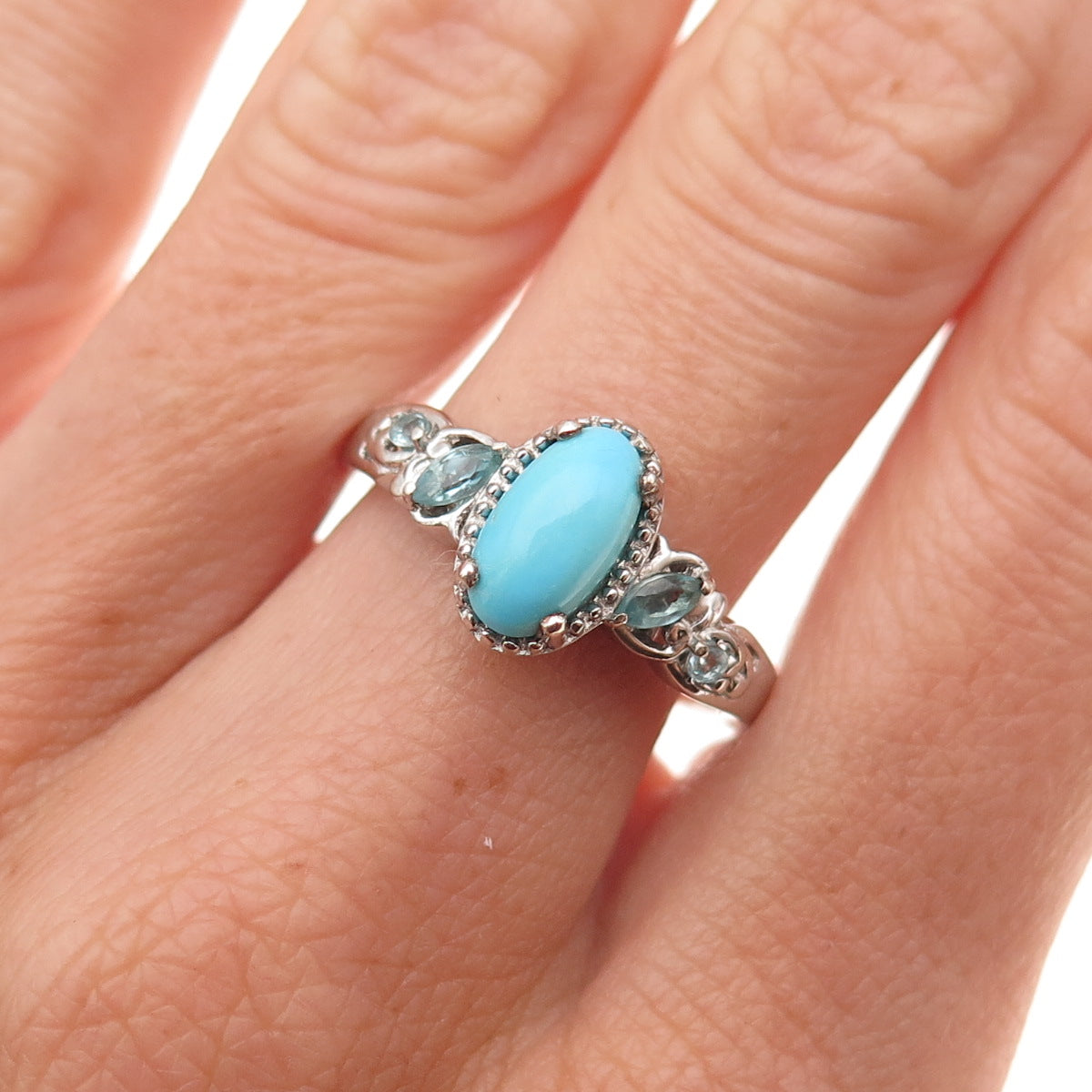 Chuck Clemency 925 Sterling Silver Real Turquoise & Blue Topaz Ring Size 8.25