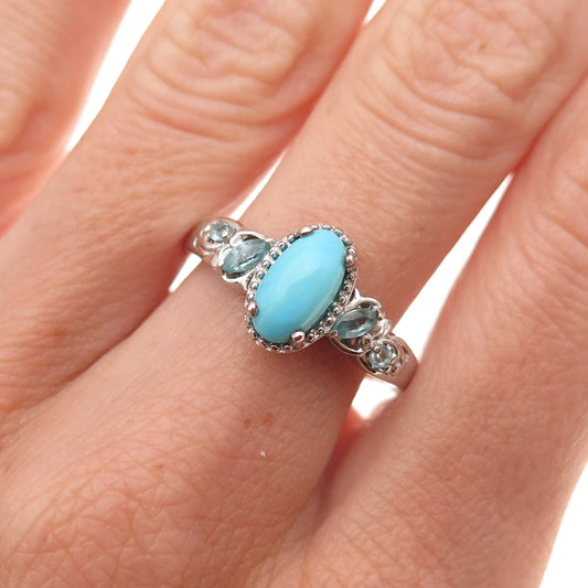 Chuck Clemency 925 Sterling Silver Real Turquoise & Blue Topaz Ring Size 8.25