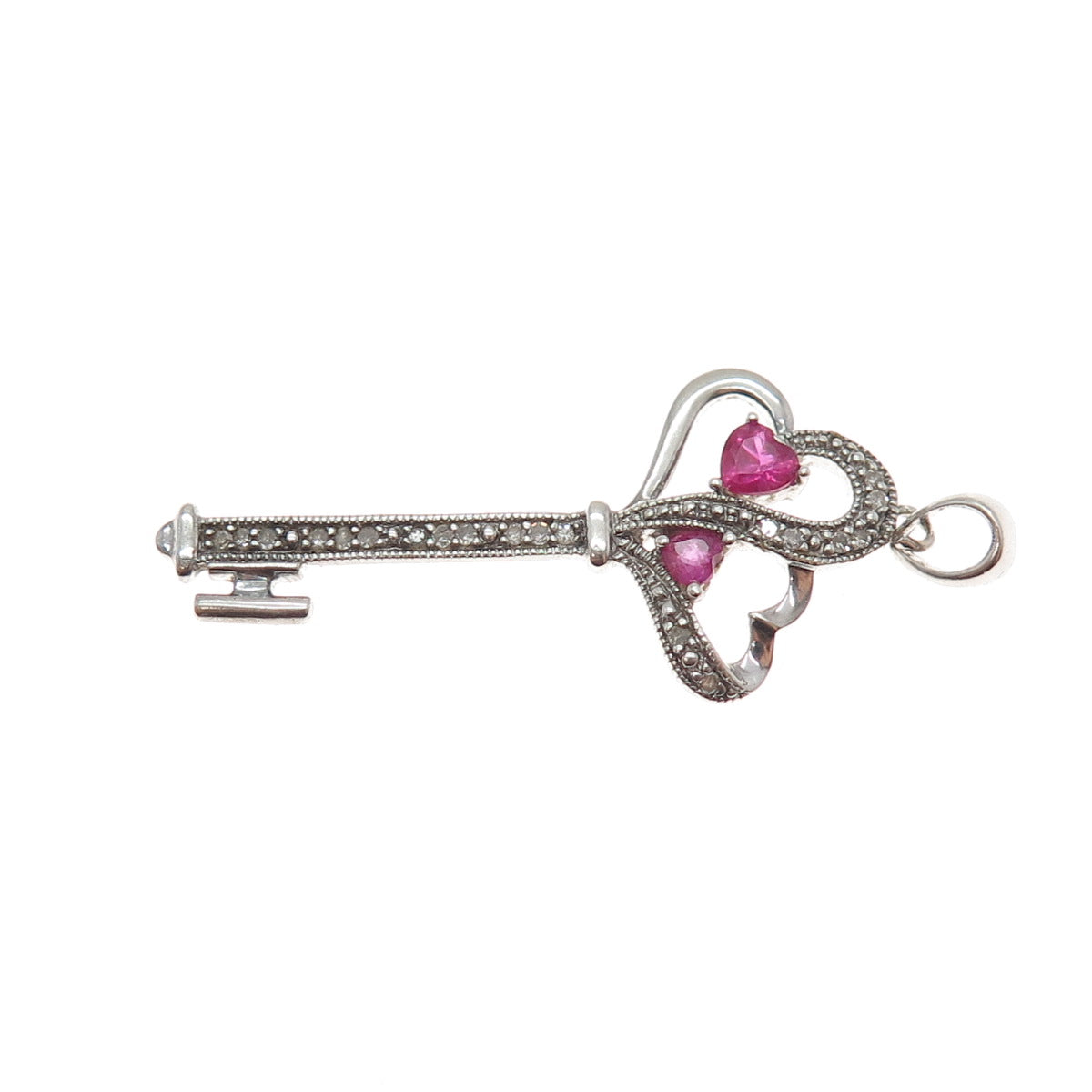 925 Sterling Silver Real Diamond & Ruby Heart Key Charm Pendant