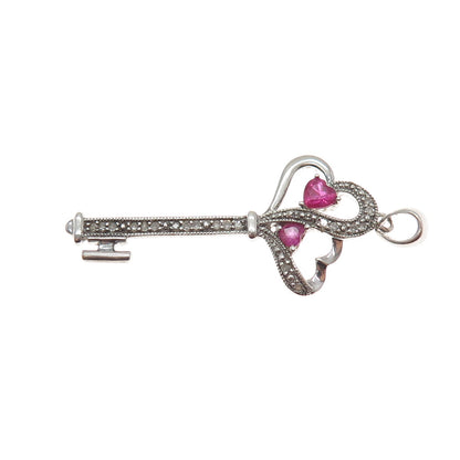 925 Sterling Silver Real Diamond & Ruby Heart Key Charm Pendant