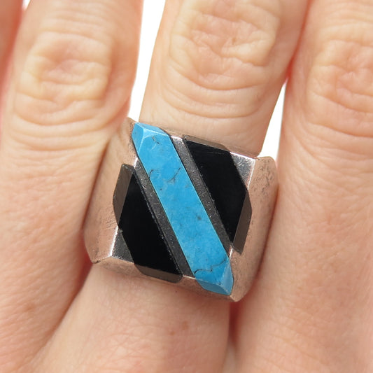 925 Sterling Silver Vintage Mexico Real Turquoise & Black Onyx Ring Size 10.25