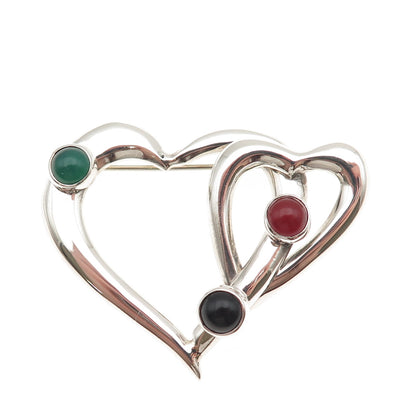 925 Sterling Vintage Mexico Real Green & Black Onyx Carnelian Heart Pin Brooch