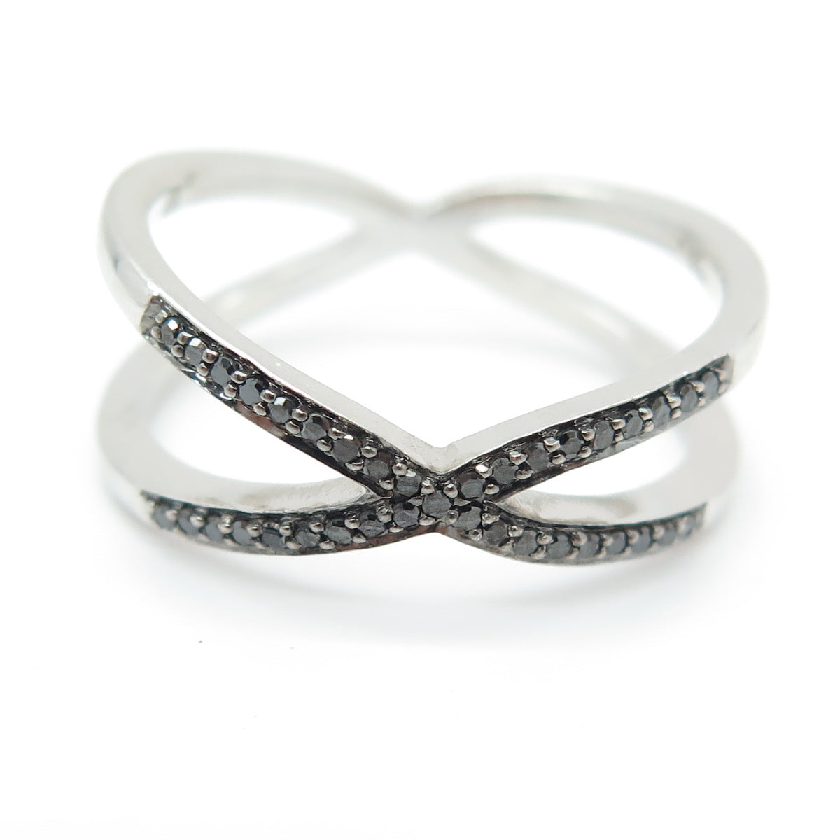 925 Sterling Silver Real Round-Cut Black Diamond Crisscross Ring Size 7.75