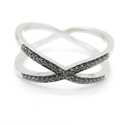 925 Sterling Silver Real Round-Cut Black Diamond Crisscross Ring Size 7.75