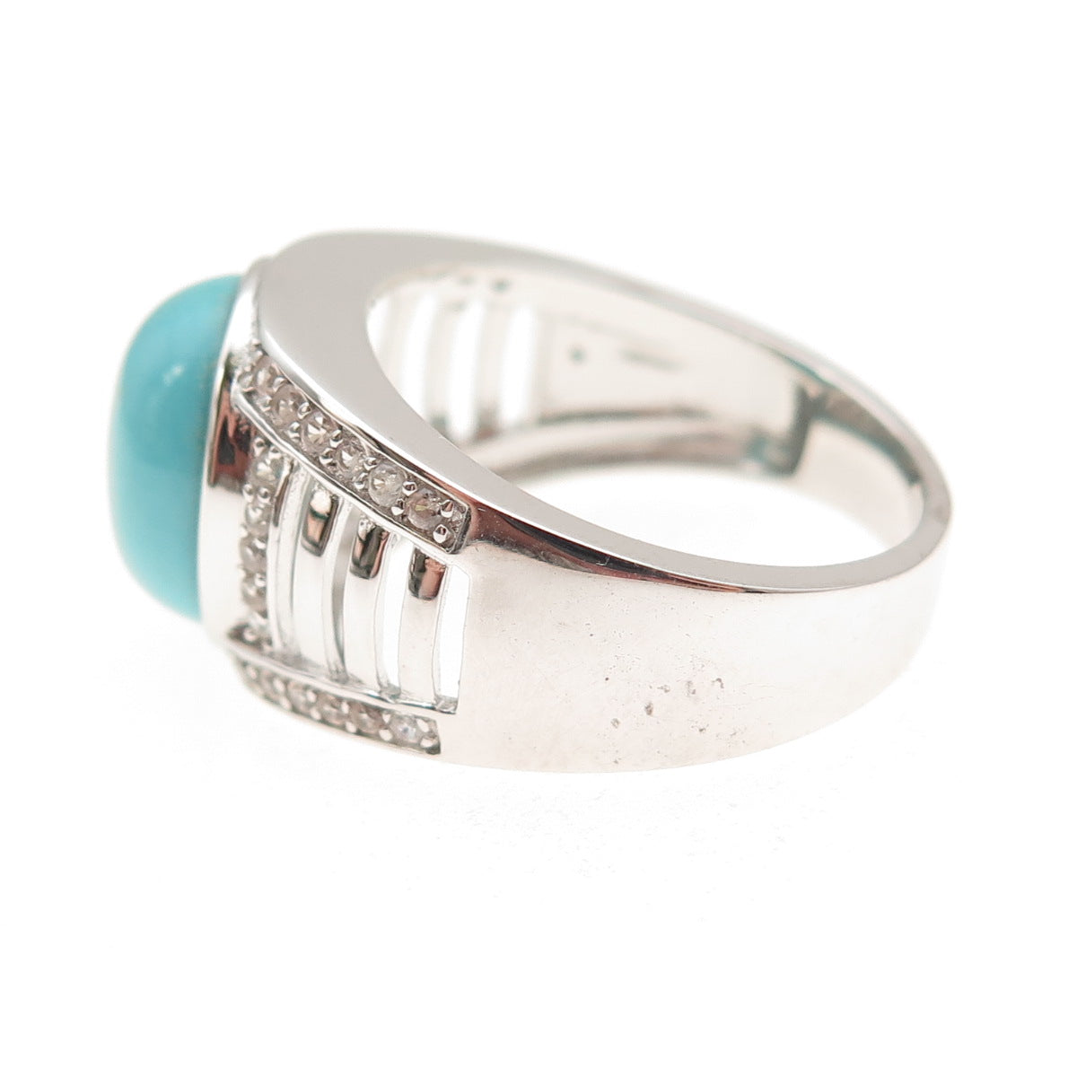 925 Sterling Silver Real Tyrone Turquoise & White Topaz Ring Size 8.25