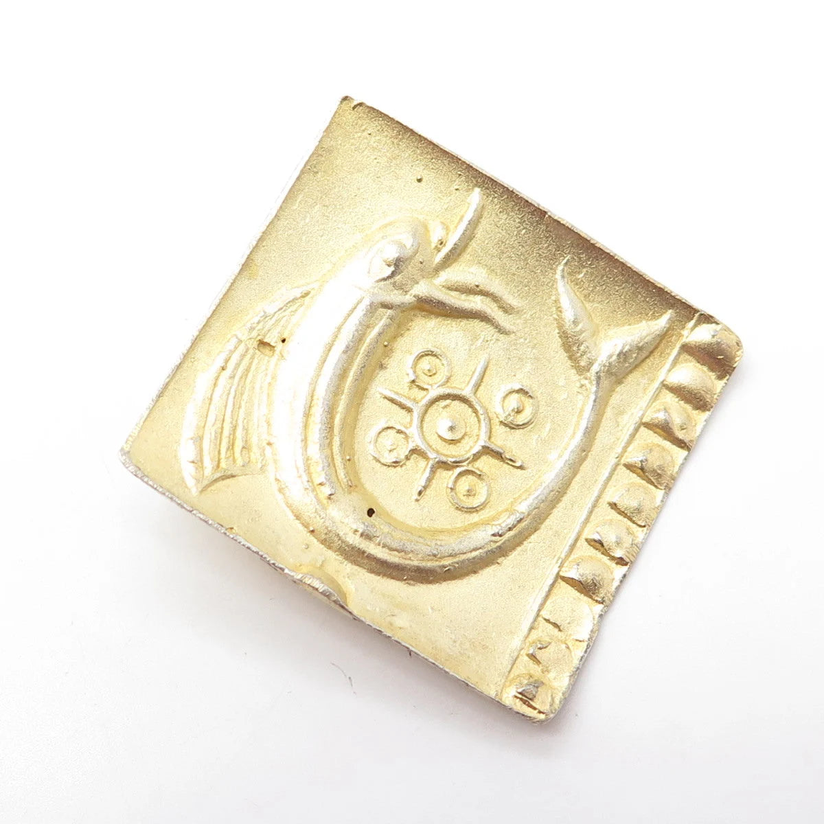 925 Sterling Silver Gold Plated Vintage Fish Symbol Square Pin Brooch